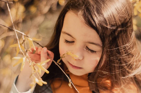 Niña Niño Forsythia Flores Las Ramas Tonificación Caliente — Foto de Stock