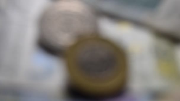 Primo Piano Sulle Monete Metalliche Sulle Banconote Euro — Video Stock