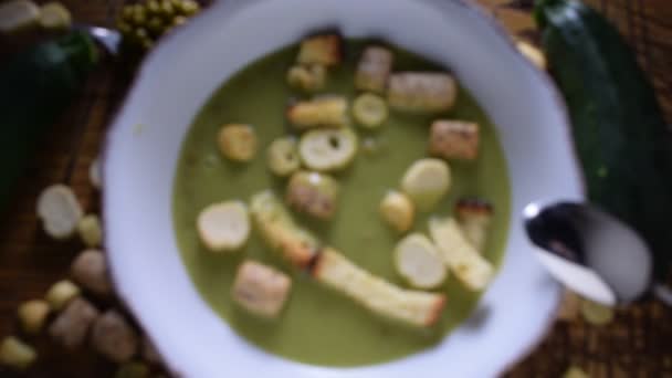 Plate of vegetable puree with croutons — Stock Footage Plate Vegetable Puree Croutons Stock Footage