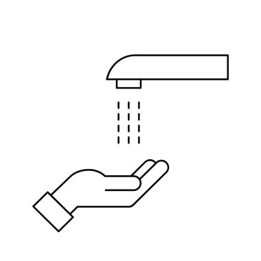 Sensörlü otomatik dokunmatik tuvalet musluğu. Elle musluğa dokunmak yok. Satır simgesi. Otomatik dokunmatik el yıkama. Beyaz arka planda siyah bir taslak. Vektör illüstrasyonu, düz, klip sanatı