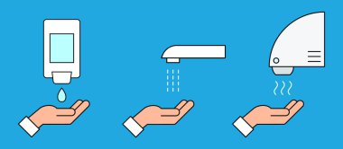 Sensörlü otomatik dokunulamaz tuvalet ekipmanı. El yıkama işlemi ikonu. El yıkama talimatları. Sabun, fırça, durula ve kurula. Mavi arka plan. Vektör illüstrasyonu, düz, klip sanatı