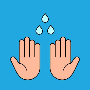 Yıkama elleri renk simgesi. Ellerinizi yıkayın. İki insan palmiyesi ve bir damla su. Güvenlik önlemleri. Dezenfekte. Bulaşıcı hastalıkların önlenmesi. Mavi arka plan. Vektör illüstrasyonu, düz, klip sanatı.