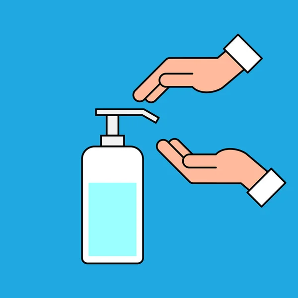 手消毒标志或符号 手使用清洁剂瓶子泵 洗手的概念 液体肥皂 蓝色背景上的彩色图标 防腐产品 矢量图解 剪贴画 — 图库矢量图片