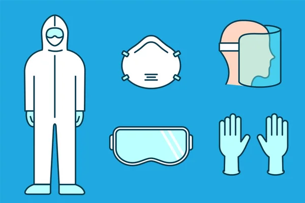 Schutzanzug Maske Handschuhe Schutzbrille Gesichtsschutz Ausrüstung Zur Coronavirus Prävention Umrissen — Stockvektor