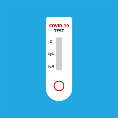 Hızlı COVID-19 tanısal test ikonu. Coronavirus tespiti bir adım. Büyük nüfus testleri. Hızlı bir antikor tespit testi. Hızlı seroloji testi. Mavi arka plan. Vektör, düz, klip sanatı.