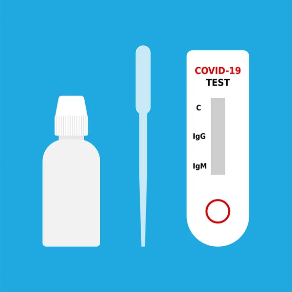 Coronavirus bir adım test kiti tespit etti. Hızlı COVID-19 serolojik tanı testi. Büyük nüfus testleri. Hızlı bir antikor tespit testi. Mavi arkaplanda renk simgeleri. Vektör, düz, klip sanatı.