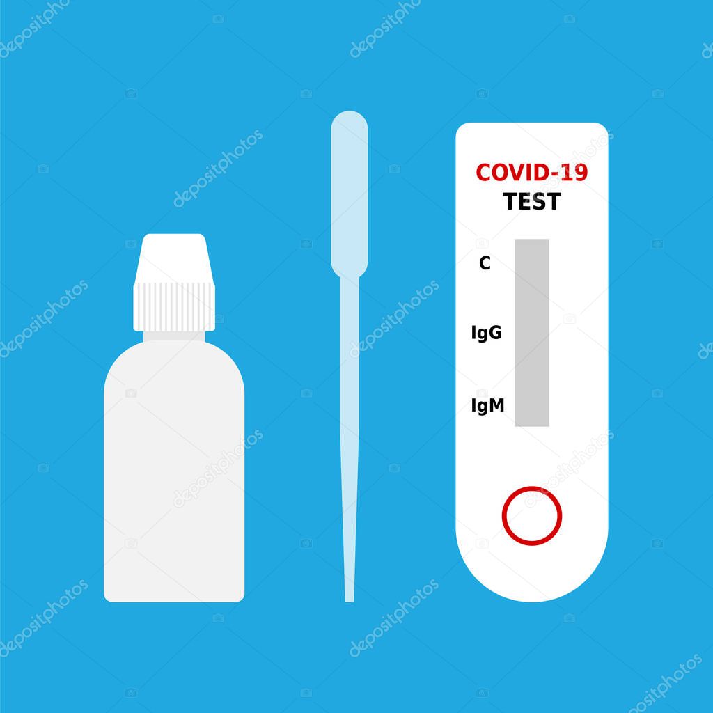 Coronavirus detection one step test kit. Fast COVID-19 serologic diagnostic test. Massive testing of population. Quick antibody detection test. Color icons on blue background. Vector, flat, clip art.