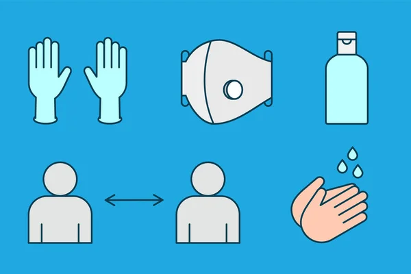 Gloves Mask Hand Sanitizer Social Distancing Wash Hands Icon Set — Stock Vector