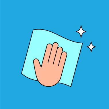 El ve temizlik bezi. Dezenfekte yüzeyi temizleyin. Coronavirus önleme. Oda servisi mi? Bez silme sembolü. Dezenfekte. Mavi arkaplanda renk simgesi. Vektör illüstrasyonu, düz, klip sanatı