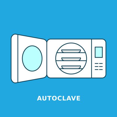 Otoklavizasyon sterilizasyon makinesi. Açık kapılı buharlı sterilizatör. Arındırma cihazı mikroorganizmaları yok ediyor. Coronavirus önleme. Mavi arka plan. Vektör illüstrasyonu, düz, klip sanatı.