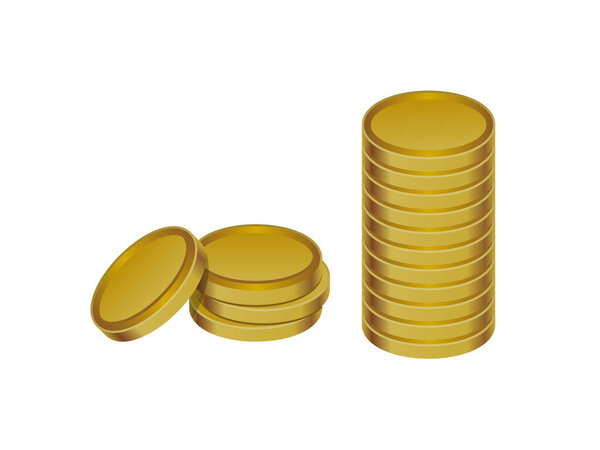 Bronze coins stack. Two piles of realistic brass currency. Banking, economy, concept. Numismatics. Copper reserves. Mining resources. Isolated on white background. Vector illustration, clip art.