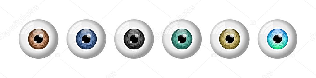 Realistic eyeballs set. Different colored eyes. Brown, blue, black, green, amber iris. Most common eye colors. Ophtalmology. Colored contact lenses. White background. Vector illustration,flat,clip art