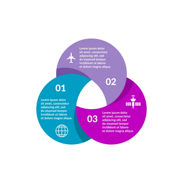 Üç üst üste binen daire bilgisi. Venn diyagramı. İş sunumu, grafik, diyagram, grafik. 3 bölüm, seçenekler, adımlar veya süreçler. Infographic tasarım şablonu. Vektör illüstrasyonu, düz.