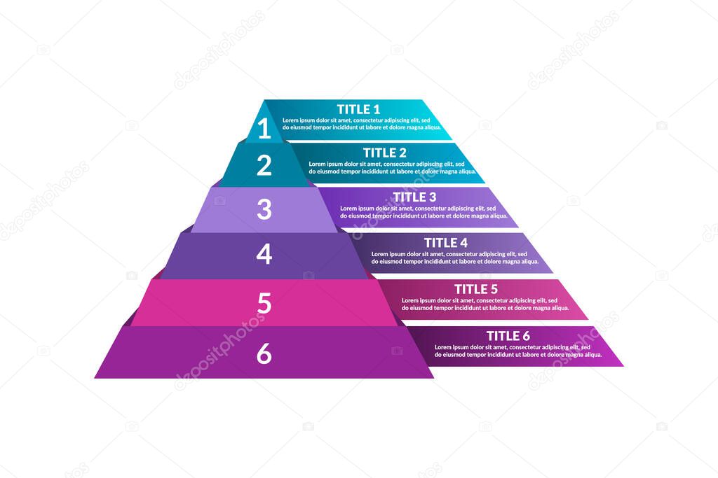 Colorful infographic in shape of pyramid. Six steps or options. Triangle with 6 levels. Diagram, chart, graph, presentation template. Layered business concept model. Vector illustration, flat, clipart