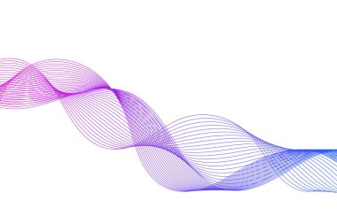 Soyut dalga çizgileri arkaplanı. Mor mavi renk değişimi. Beyaz arka plan. Kıvrımlı çizgiler. Çizgili dalga tasarım elemanı. Frekans sinyali. Reklam afişi. Vektör illüstrasyonu, düz, klip sanatı