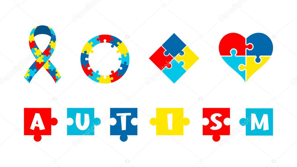 Autism awareness set. Colorful puzzle pieces. Jigsaw puzzle pattern shapes collection. World autism awareness day design elements. Autistic spectrum disorders. Vector illustration, flat, clip art.