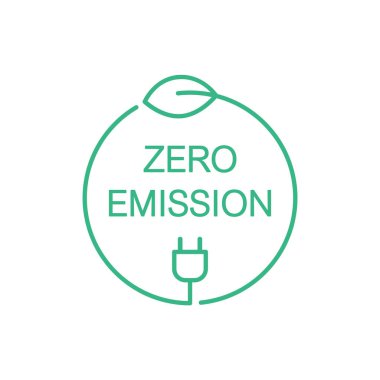 Sıfır emisyon işareti, simge, sembol veya logo. Çemberin içinde yeşil bir yaprak ve elektrik prizi. Temiz enerji kavramı. Karbondioksit nötr güç. Yenilenebilir eko enerji kaynakları. Vektör illüstrasyonu, ince çizgi, klipsleme sanatı.