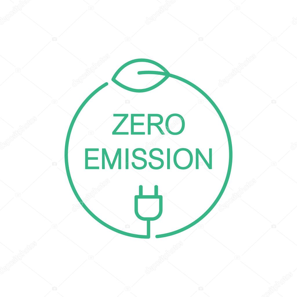 Zero emission sign, icon, symbol or logo. Green leaf and a electric plug in a circle. Clean energy concept. CO2 neutral power. Renewable eco energy sources. Vector illustration, thin line, clip art.