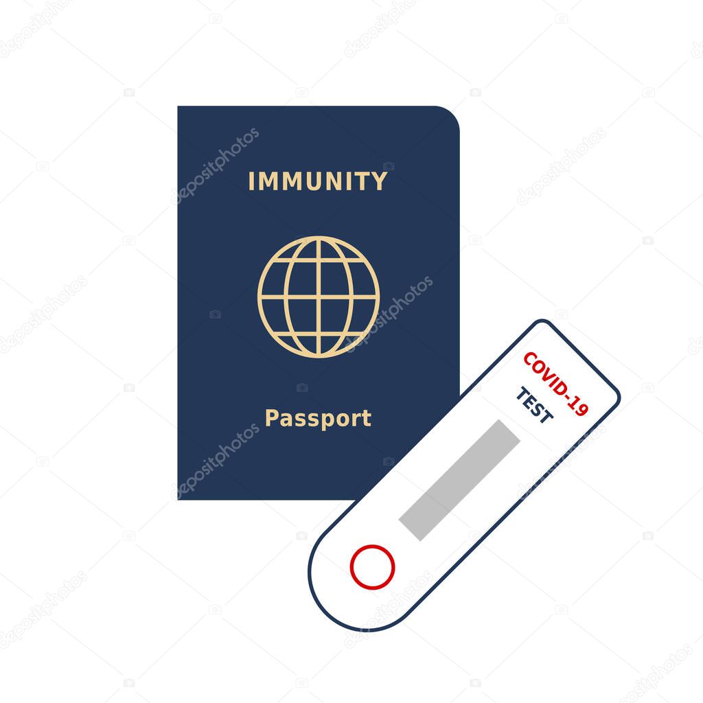 Immunity passport concept. Identification document with fast COVID-19 test. Coronavirus quick diagnostic on borders. Risk free certificate. Serological blood test. Vector illustration, flat, clip art.