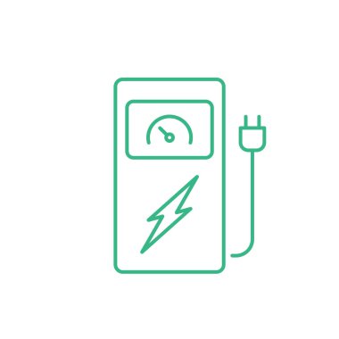 Elektrikli araba şarj istasyonu simgesi. Elektrikli araçlar elektrik santrali. Eko yakıt şarjlı priz. Güç depolama sistemi. Yeşil enerji, sıfır emisyon konsepti. Vektör illüstrasyonu, düz, klip sanatı.