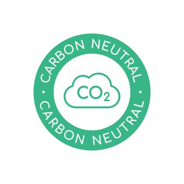 Karbon nötr etiketli, daire içinde bulut var. Yeşil CO2 nötr işareti, simge, sembol. Sıfır emisyon kavramı. Çevre dostu damgası. Karbondioksit gazları. Vektör illüstrasyonu, düz, klip sanatı.