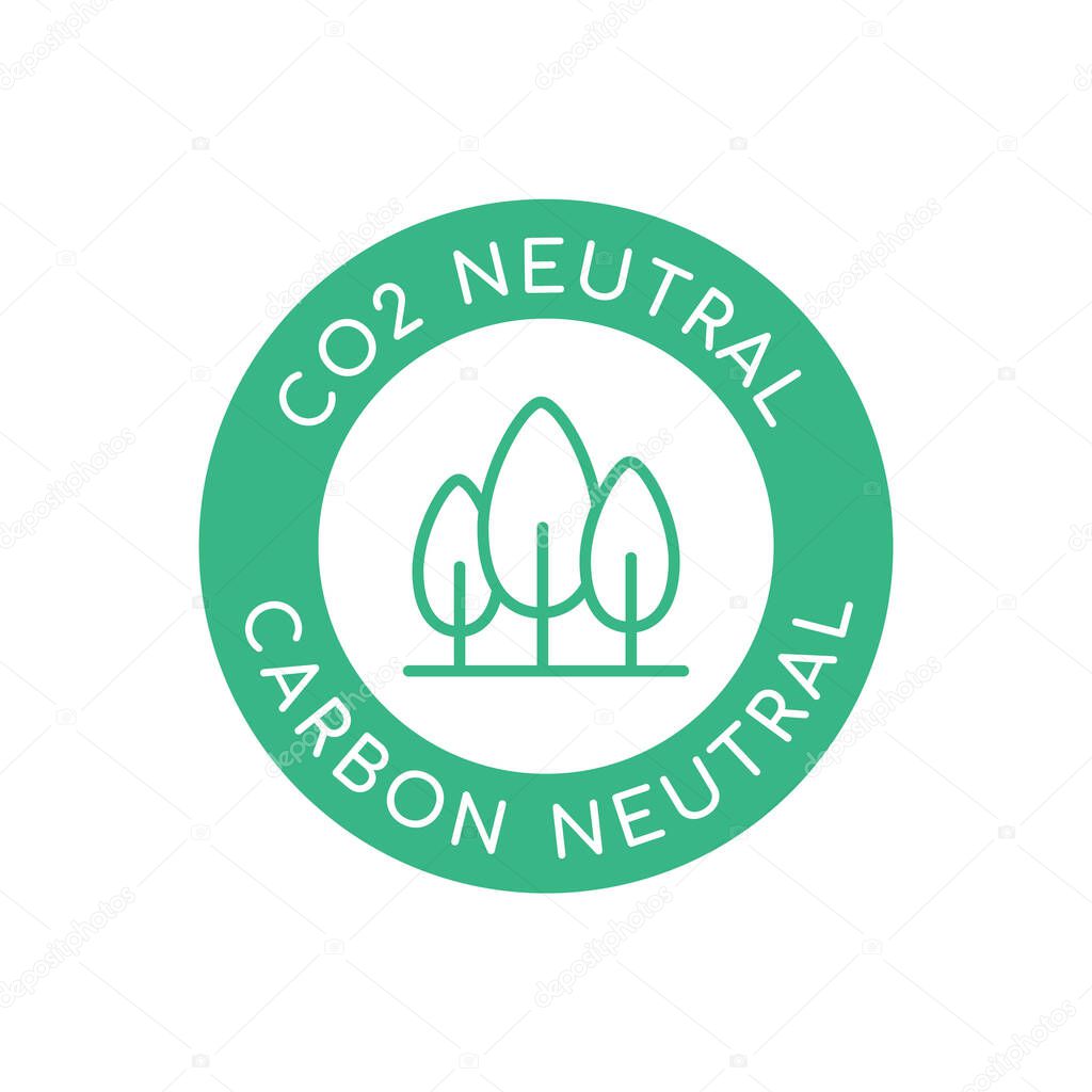 CO2 neutral label with trees inside circle. Green Carbon neutral sign, icon, symbol. Zero emission concept. Environmental friendly stamp. Carbon dioxide gases. Vector illustration, flat, clip art.