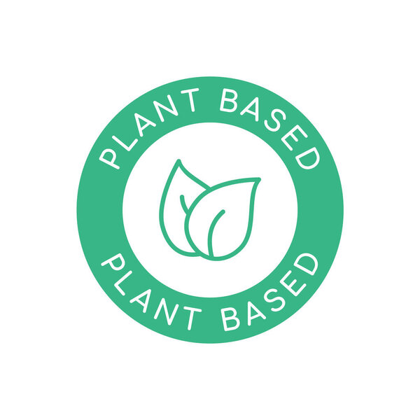 Plant based sign, icon, logo, symbol. Two leaves in a circle. Natural product label. No artificial ingredients product. Vegetarian or vegan diet. Food supplements. Vector illustration, flat, clip art.