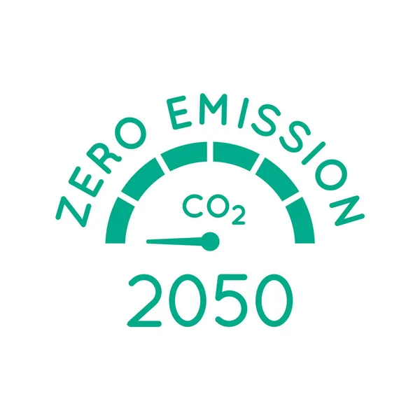 2050 'ye kadar sıfır emisyon. Ölçü oku sıfıra ayarlandı. Karbon nötr. Ağ sıfır sera gazı emisyonları hedefte. İklim tarafsız uzun vadeli stratejisi. Zehirli gaz yok. Vektör illüstrasyonu, düz, klip sanatı.