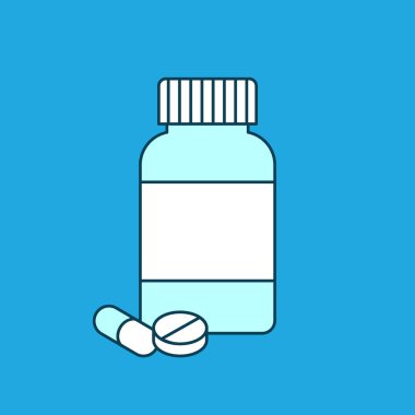 Hap ve tabletle birlikte ilaç şişesi. Yiyecek takviyeleri, vitaminler. İlaçlar, tedavi, ilaçlar, ağrı kesici konsepti. Mavi arkaplanda renk simgesi. Yeni uyuşturucu bulguları. Vektör illüstrasyonu, düz, klip sanatı