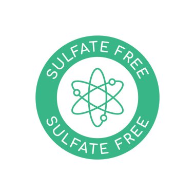 Sulfate free icon, sign, logo. Chemical symbol in a green circle. Green round badge with text sulfate free. Product label for personal care products. Warranty seal. Vector illustration, flat, clip art clipart