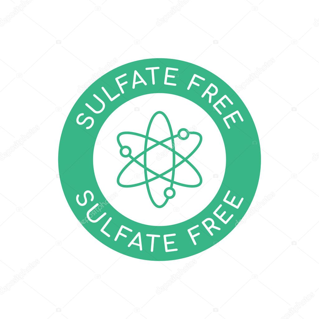 Sulfate free icon, sign, logo. Chemical symbol in a green circle. Green round badge with text sulfate free. Product label for personal care products. Warranty seal. Vector illustration, flat, clip art