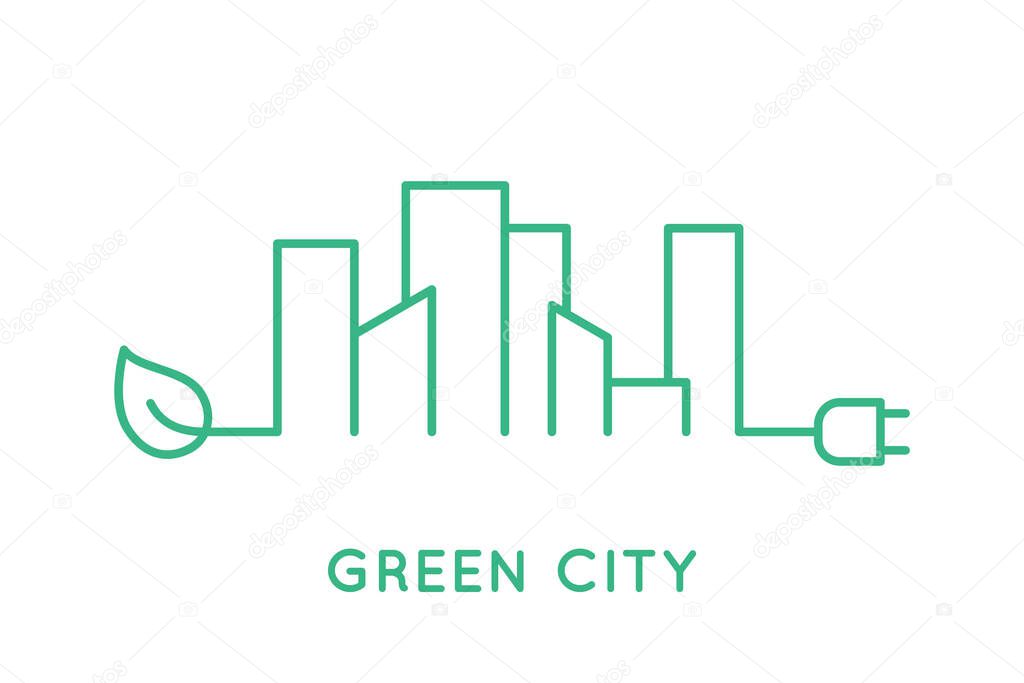 Green city skyline line icon. Cityscape with a leaf and a plug. Sustainable energy sources. Healthy lifestyle in urban area. Smart home in the town. Green living. Vector illustration, flat, clip art.