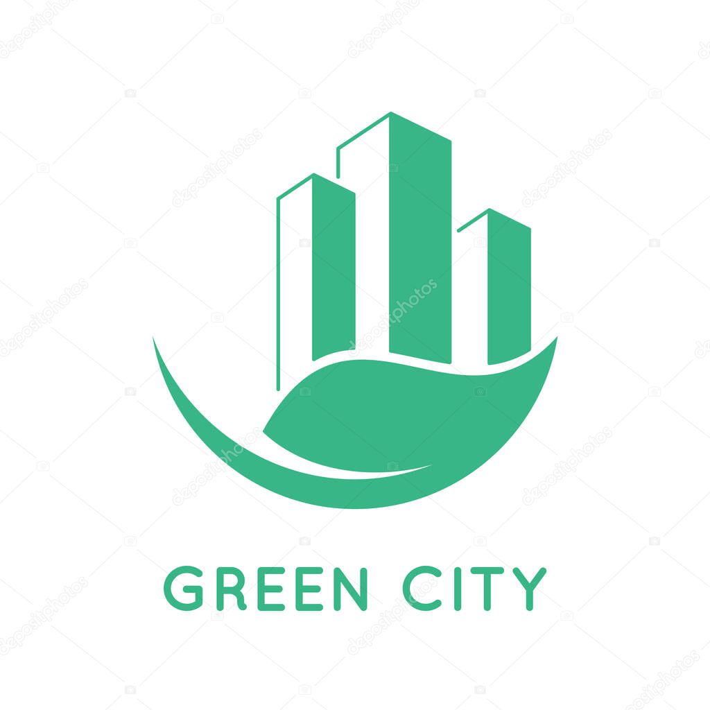 Green city icon. Buildings and leaf. Green living concept. Environmental awareness in urban area. Eco friendly home logo or symbol. Sustainable lifestyle in town. Vector illustration, flat, clip art.