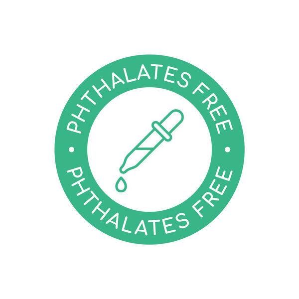 No phthalates sign. Phthalates free icon. Green circle stamp with a pipette. Product with no phthalate added. Natural packaging with no artificial ingredients. Vector illustration, flat, clip art.