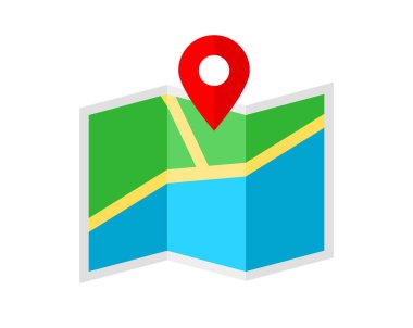  Harita işaretleyicili düz harita renk simgesi. Konum sembolü. Kırmızı broşlu kağıt harita. Navigasyon konsepti. Yol, nehir ve parkın olduğu şehir haritası. İğne uçlu bir yön. Vektör illüstrasyonu, düz, klip sanatı.