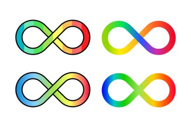  Infinity loop rainbow icon set. Neurodiversity concept. Autism acceptance symbol. Set of four colorful endless loops. The range of differences in individual brain function. Vector illustration clipart