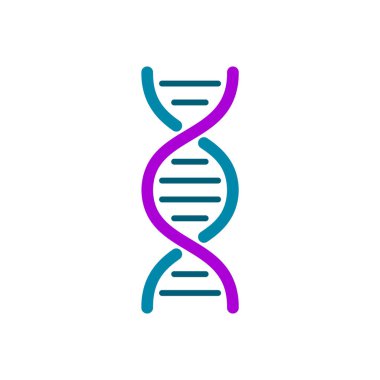 Renkli DNA ikonu. Beyaz arka planda basit DNA sarmalı. Genetik materyal sembolü. Mavi ve mor DNA sarmalı. İnsan genom tasarım elementi. Moleküler biyoloji. Vektör illüstrasyonu, klip sanatı.