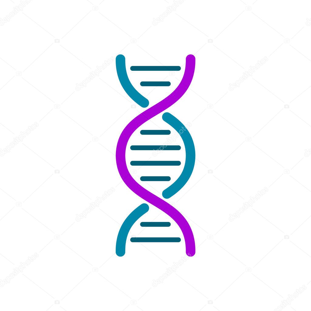 Colorful DNA icon. Simple DNA helix on white background. Genetic material symbol. Blue and purple DNA spiral molecule. Human genome design element. Molecular biology. Vector illustration, clip art.