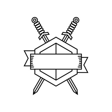 Kalkan ve kılıç logosu metin için yerleşti. Çapraz kılıçlar. Ortaçağ şövalyesi savaş konsepti. Kollar paltosu. Koruma ve güvenlik. Güç, savunma. Doğrusal simge. Vektör illüstrasyonu, düz, klip sanatı.