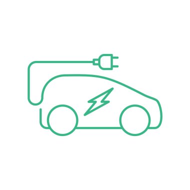 Fişi takılı elektrikli araba. Elektrikli araç şarj istasyonu tabelası. Yıldırımlı çevre dostu otomobil. Yeşil enerji sıfır emisyon kavramı. Yeşil ince çizgi simgesi. Vektör illüstrasyonu, düz, klip sanatı