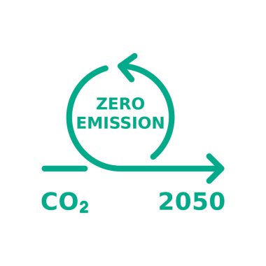 2050 'ye kadar sıfır emisyon. Karbon nötr konsept. Karbondioksit kirliliği. Çember okları karbondioksit salınımında azalma gösteriyor. Çevre dostu endüstri. Vektör illüstrasyonu, doğrusal, klipsleme sanatı