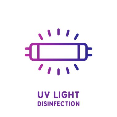 Hava ve yüzeylerin ultraviyole lamba sterilizasyonu. Ultraviyole ışığı dezenfekte çizgisi simgesi. Coronavirus önleme. Antibakteriyel ultraviyole lamba. Beyaz arka planda özet geç. Vektör illüstrasyonu, düz