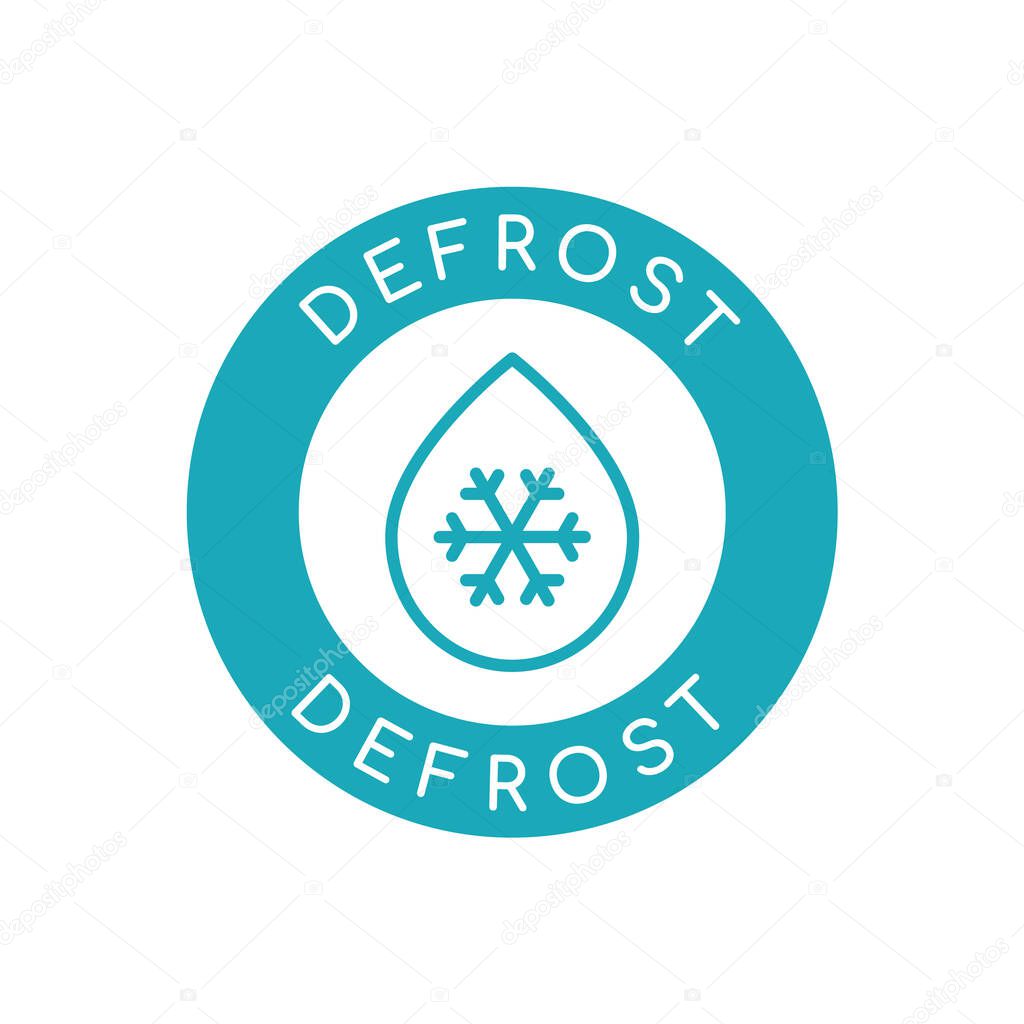 Defrost icon. Blue snowflake and a water drop in a circle. Line icon. Fridge or air conditioner sign. Ice and water. Liquid that can't be frozen. Defrosting symbol. Vector illustration, flat, clip art