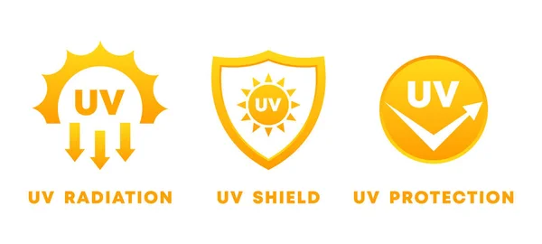 Conjunto Iconos Rayos Protección Ultravioleta Radiación Escudo Sol Peligro Crema — Vector de stock