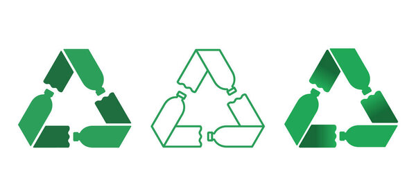 Green recycle symbol with three plastic bottles. Plastic bottle recycling concept. Mobius loop with arrows. Environmental friendly reusable pet. Icon set on white background. Vector illustration.