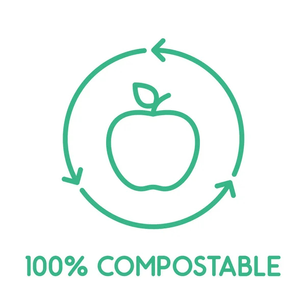 100 Compostable Line Icon Apple Recycle Sign Circle Recycling Arrows — Stockový vektor