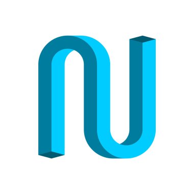 Letter N and U logo. Impossible abstract shape. Blue gradient. Optical illusion. Intertwined infinite symbol on white background. Visual trick. Abstract endless geometry. Vector illustration, clip art.