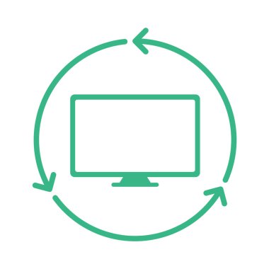 Geri dönüşüm televizyonu ya da bilgisayar tabelası. Bilgisayar çemberin içindeki okları izliyor. Elektronik atık yönetimi. Kişisel bilgisayar geri alma simgesi. Yeniden kullanılabilir materyaller. Sürdürülebilir teknoloji. Vektör illüstrasyonu, klip sanatı.