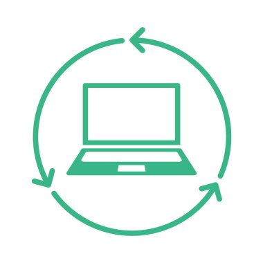 Laptop geri dönüşüm işareti. Not defteri, çemberin içindeki oklar. Elektronik atık yönetimi. Kişisel bilgisayar geri alma simgesi. Yeniden kullanılabilir materyaller. Sürdürülebilir teknoloji. Vektör illüstrasyonu, klip sanatı.