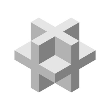 Gri 3D çarpı artı işareti. Boyutsal harf X. Haçlardan yapılmış Isometric küp şekli. Boyun küpü figürü. Soyut geometrik nesne. Kutsal geometri. Logo tasarımı. Vektör illüstrasyonu, klip sanatı.
